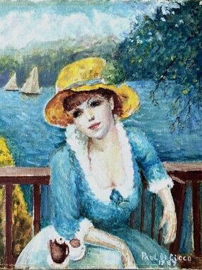 PAUL DICICCO 1987 Oil Canvas Woman Blue Dress Yellow Hat Lake Sailboat Di Cicco